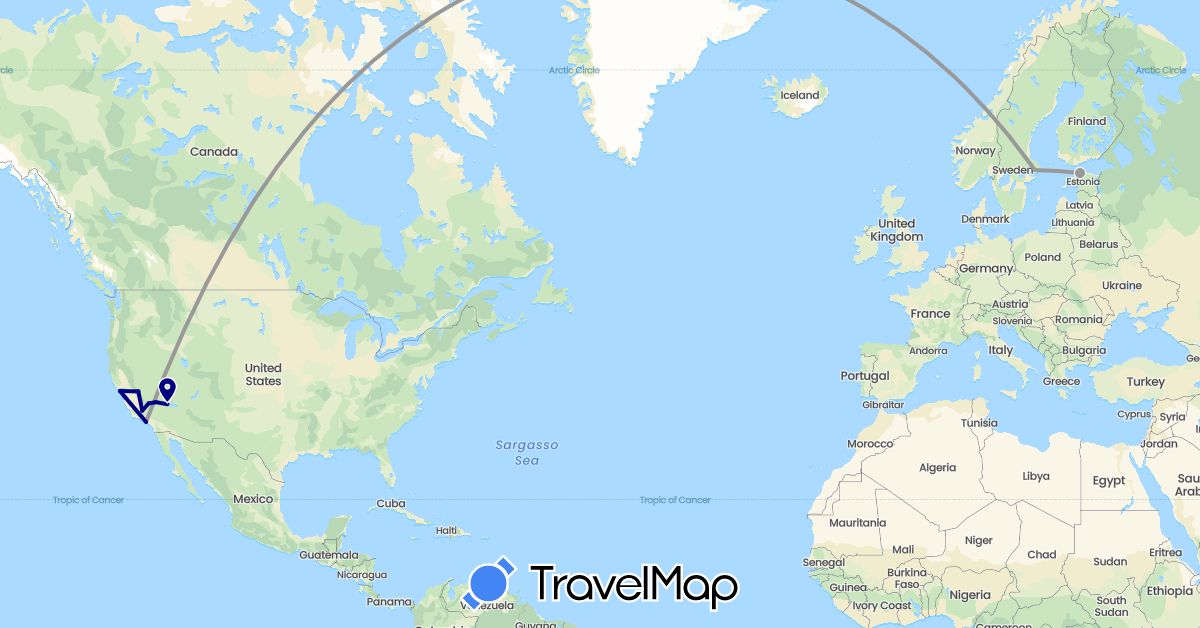 TravelMap itinerary: driving, plane in Estonia, Sweden, United States (Europe, North America)